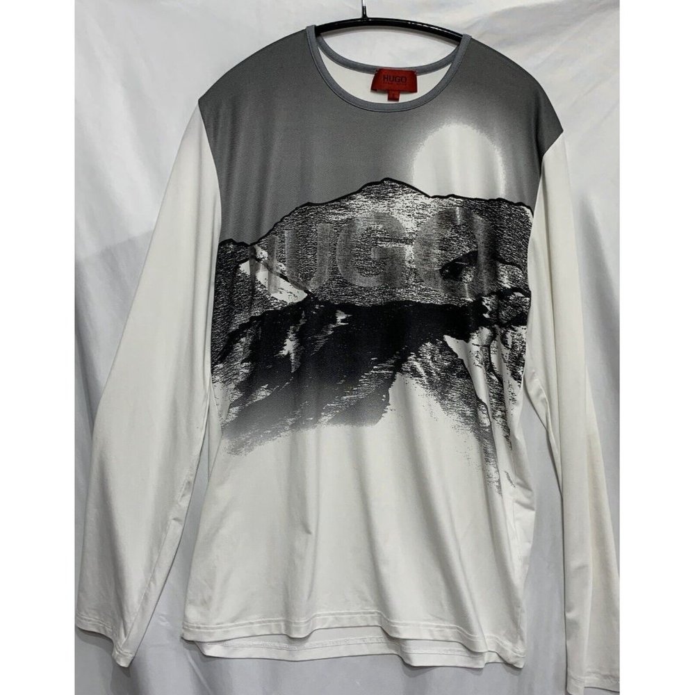 Womans Hugo Boss Small Pullover Lg Sleeve Mtn Artwork Logo Gray BL White Silver